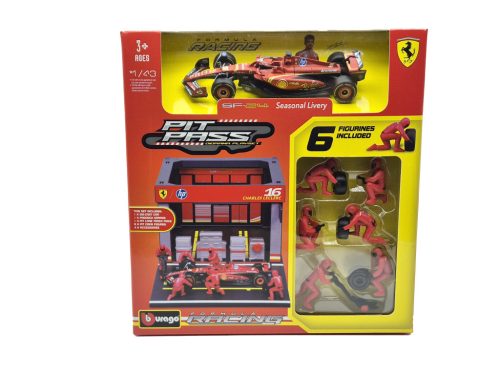 Ferrari Pit Stop - boxová dioráma - SF-24 F1 #16 (2024) - Charles Leclerc - s mechanikmi - Bburago - 1:43