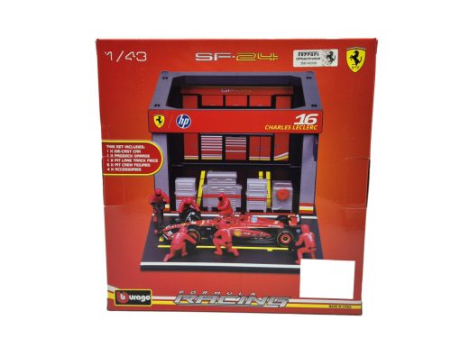 Ferrari Pit Stop - boxová dioráma - SF-24 F1 #16 (2024) - Charles Leclerc - s mechanikmi - Bburago - 1:43