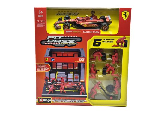 Ferrari Pit Stop - boxová dioráma - SF-24 F1 #55 (2024) - Carlos Sainz - s mechanikmi - Bburago - 1:43