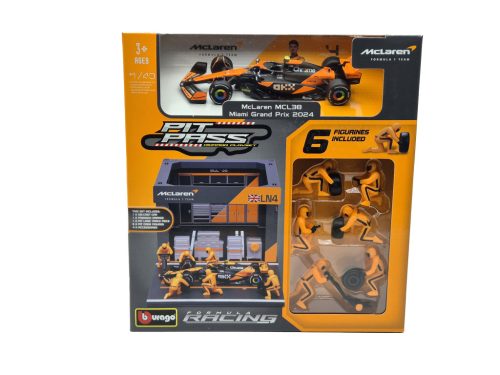 McLaren Pit Stop - boxová dioráma - MCL38 F1 #4 (2024) - Lando Norris - s mechanikmi - Bburago - 1:43