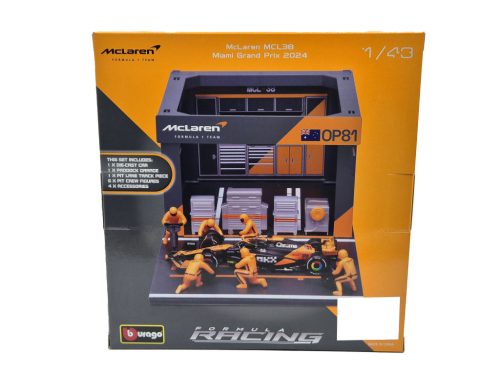 McLaren Pit Stop - boxová dioráma - MCL38 F1 #81 (2024) - Oscar Piastri - s mechanikmi - Bburago - 1:43