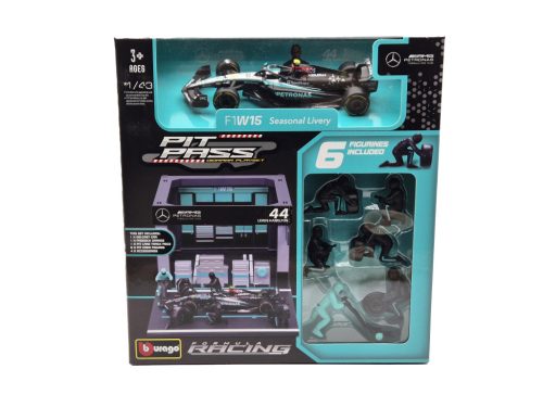 Mercedes Pit Stop - boxová dioráma - W14 EQ Performance F1 #44 (2023) - Lewis Hamilton - s mechanikmi - Bburago - 1:43