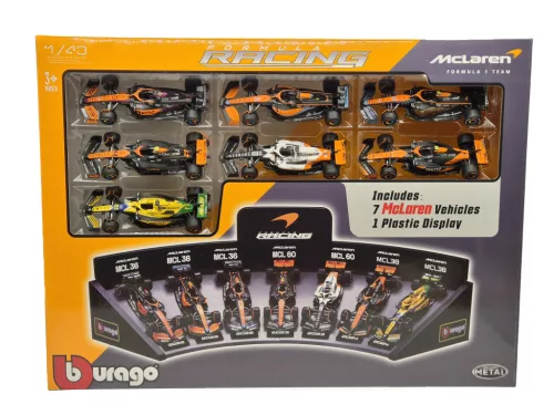 McLaren F1 7-dielna sada - #3 Daniel Ricciardo (2022) - #4 Lando Norris (2022) - #4 Lando Norris (2023) - #81 Oscar Piastri (2023) - #4 Lando Norris (2024) - #81 Oscar Piastri (2024) - Bburago - 1:43
