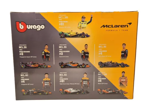 McLaren F1 7-dielna sada - #3 Daniel Ricciardo (2022) - #4 Lando Norris (2022) - #4 Lando Norris (2023) - #81 Oscar Piastri (2023) - #4 Lando Norris (2024) - #81 Oscar Piastri (2024) - Bburago - 1:43