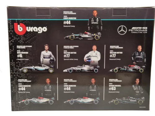 Mercedes F1 7-dielna sada - #6 Nico Rosberg (2016) - #77 Valtteri Bottas (2019) - #77 Valtteri Bottas (2021) - #44 Lewis Hamilton (2022) - #44 Lewis Hamilton (2022) - #63 George Russell (2023) - #44 Lewis Hamilton (2024) - Bburago - 1:43