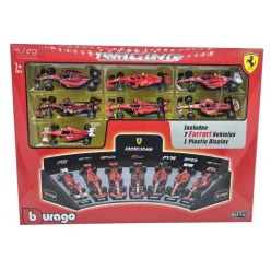   Ferrari F1 7-dielna sada - SF-24 Charles Leclerc (2024) - F10 Fernando Alonso (2010) - SF71H Kimi Räikkönen (2018) - SF90 Sebastian Vettel (2019) - SF1000 Sebastian Vettel (2020) - F1-75 Charles Leclerc (2022) - SF-23 Carlos Sainz (2023) - Bburago - 