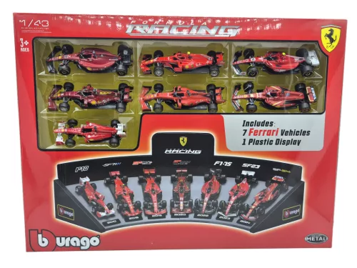Ferrari F1 7-dielna sada - SF-24 Charles Leclerc (2024) - F10 Fernando Alonso (2010) - SF71H Kimi Räikkönen (2018) - SF90 Sebastian Vettel (2019) - SF1000 Sebastian Vettel (2020) - F1-75 Charles Leclerc (2022) - SF-23 Carlos Sainz (2023) - Bburago - 