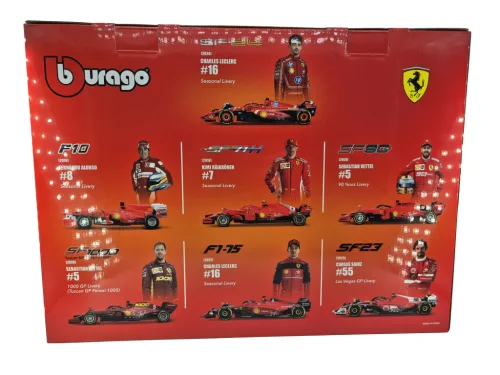 Ferrari F1 7-dielna sada - SF-24 Charles Leclerc (2024) - F10 Fernando Alonso (2010) - SF71H Kimi Räikkönen (2018) - SF90 Sebastian Vettel (2019) - SF1000 Sebastian Vettel (2020) - F1-75 Charles Leclerc (2022) - SF-23 Carlos Sainz (2023) - Bburago - 
