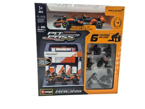 McLaren Pit Stop - dioráma boxovej uličky - MCL39 F1 #4 (2025) - Lando Norris - so mechanikmi - Bburago - 1:43