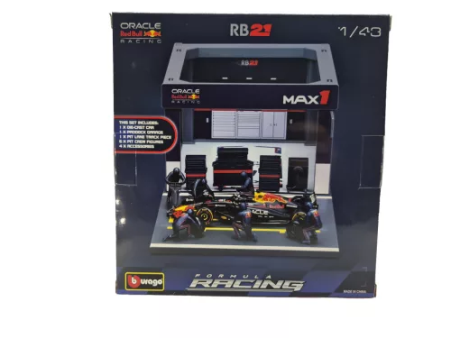Red Bull Pit Stop - boxová ulička, výmena kolies dioráma - RB21 F1 (2025) - #1 Max Verstappen - s mechanikmi - Bburago - 1:43