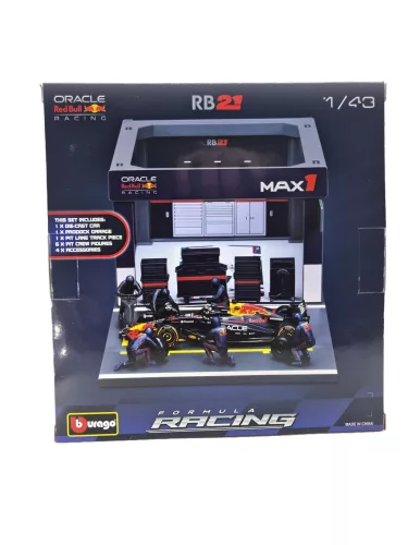 Red Bull Pit Stop - boxová ulička, výmena kolies dioráma - RB21 F1 (2025) - #1 Max Verstappen - s mechanikmi - Bburago - 1:43