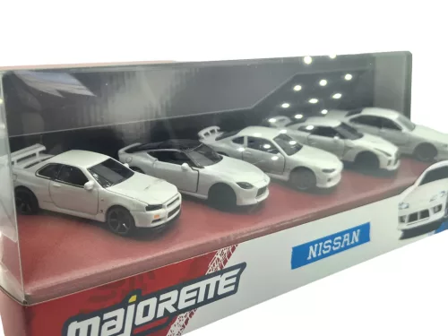 Nissan 5-dielna sada / set - Nissan Silvia (S15) Spec-R Aero - Nissan GT-R (R35) - Nissan Skyline GT-R (R34) - Nissan Z - Nissan Cefiro (A31) - Majorette - 1:64