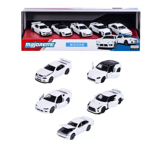 Nissan 5-dielna sada / set - Nissan Silvia (S15) Spec-R Aero - Nissan GT-R (R35) - Nissan Skyline GT-R (R34) - Nissan Z - Nissan Cefiro (A31) - Majorette - 1:64