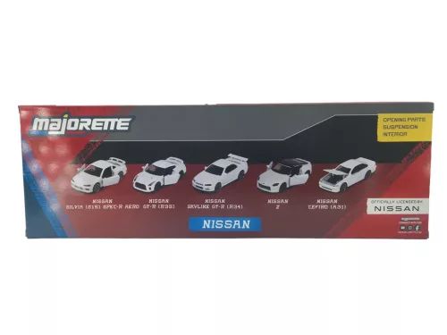 Nissan 5-dielna sada / set - Nissan Silvia (S15) Spec-R Aero - Nissan GT-R (R35) - Nissan Skyline GT-R (R34) - Nissan Z - Nissan Cefiro (A31) - Majorette - 1:64