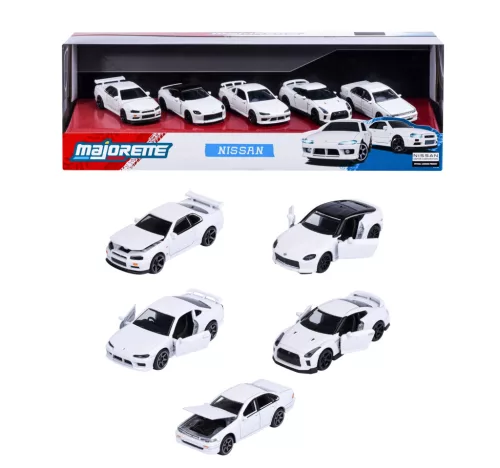 Nissan 5-dielna sada / set - Nissan Silvia (S15) Spec-R Aero - Nissan GT-R (R35) - Nissan Skyline GT-R (R34) - Nissan Z - Nissan Cefiro (A31) - Majorette - 1:64
