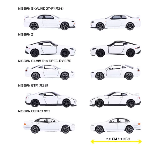 Nissan 5-dielna sada / set - Nissan Silvia (S15) Spec-R Aero - Nissan GT-R (R35) - Nissan Skyline GT-R (R34) - Nissan Z - Nissan Cefiro (A31) - Majorette - 1:64