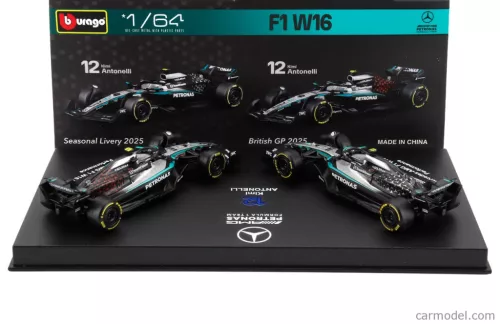 2-dielna sada Mercedes - Mercedes GP W16 F1 #12 (2025) - British GP - Andrea Kimi Antonelli - Bburago - 1:64