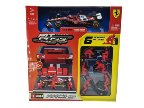 Ferrari Pit Stop - dioráma boxu - SF-25 F1 #16 (2025) - Charles Leclerc - so mechanikmi - Bburago - 1:43