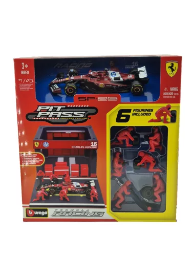 Ferrari Pit Stop - dioráma boxu - SF-25 F1 #16 (2025) - Charles Leclerc - so mechanikmi - Bburago - 1:43