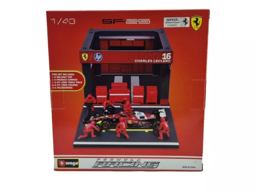 Ferrari Pit Stop - dioráma boxu - SF-25 F1 #16 (2025) - Charles Leclerc - so mechanikmi - Bburago - 1:43
