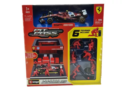 Ferrari Pit Stop - dioráma boxu - SF-25 F1 #44 (2025) - Lewis Hamilton - so mechanikmi - Bburago - 1:43