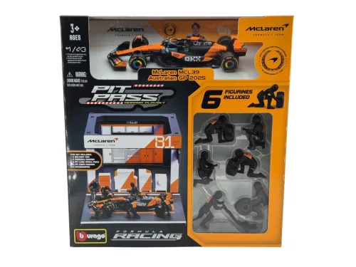 McLaren Pit Stop - dioráma boxu - MCL39 F1 #81 (2025) - Oscar Piastri - so mechanikmi - Bburago - 1:43