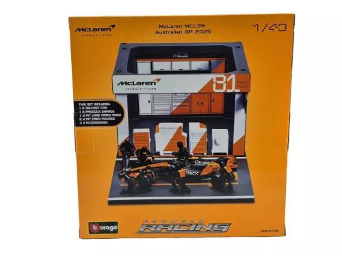 McLaren Pit Stop - dioráma boxu - MCL39 F1 #81 (2025) - Oscar Piastri - so mechanikmi - Bburago - 1:43