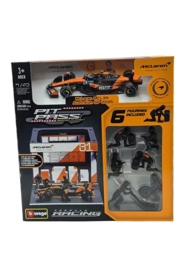 McLaren Pit Stop - dioráma boxu - MCL39 F1 #81 (2025) - Oscar Piastri - so mechanikmi - Bburago - 1:43