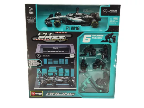 Mercedes Pit Stop - boxová ulička dioráma - W16 F1 #63 (2025) - George Russell - Bburago - 1:43