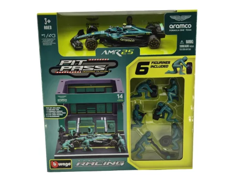 Aston Martin Pit Stop - boxová ulička, výmena kolies dioráma - AMR25 F1 (2025) - #14 Fernando Alonso - Bburago - 1:43