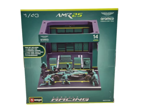 Aston Martin Pit Stop - boxová ulička, výmena kolies dioráma - AMR25 F1 (2025) - #14 Fernando Alonso - Bburago - 1:43